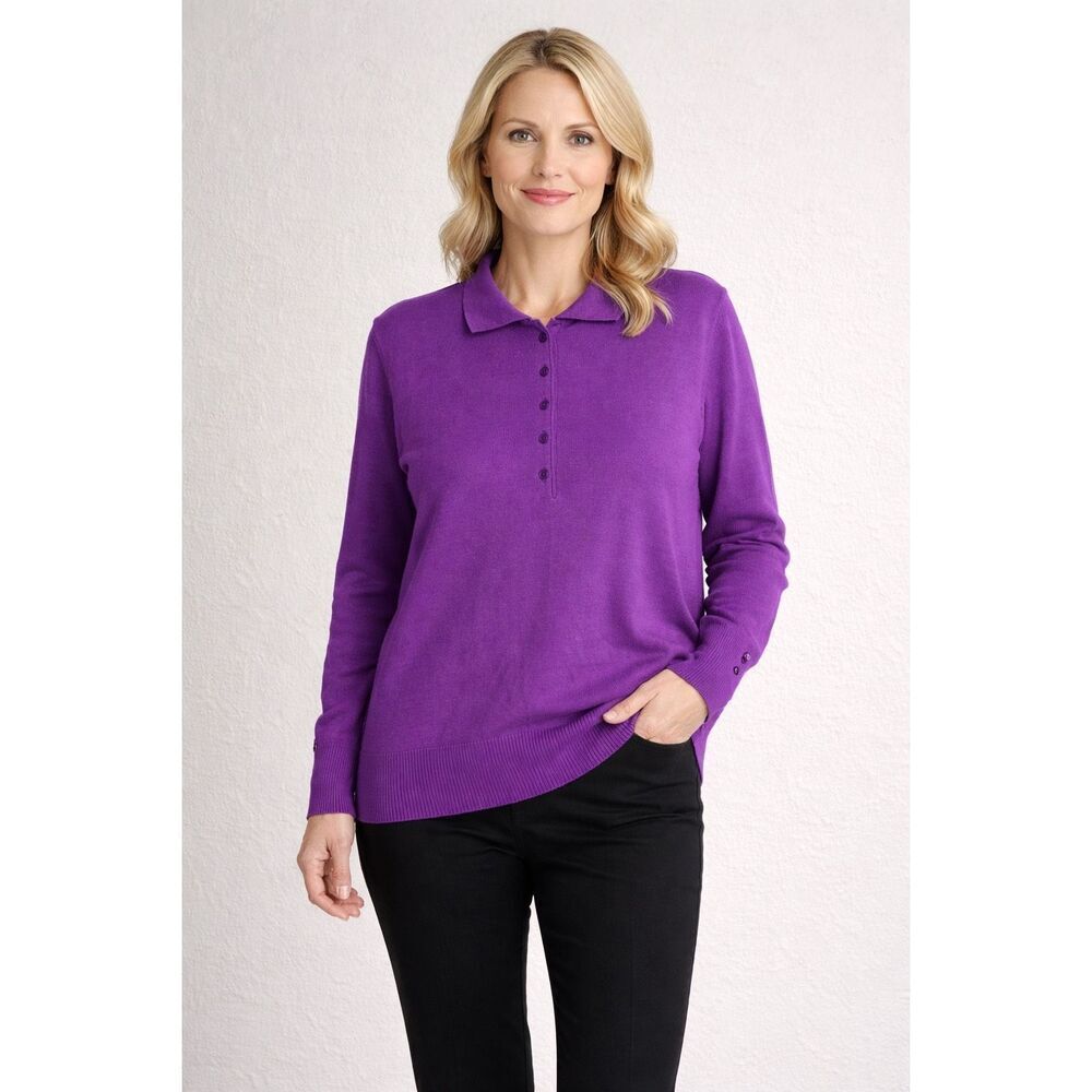 RABE Purple Knit Polo Sweater Sz XL /DE 48 Button Detail Classic Elegant Top